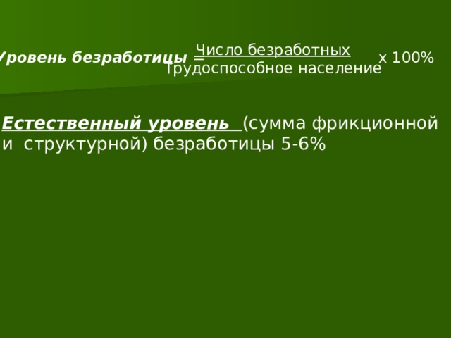 Число безработных Трудоспособное население Уровень безработицы = х 100% Естественный уровень (сумма фрикционной и структурной) безработицы 5-6% 