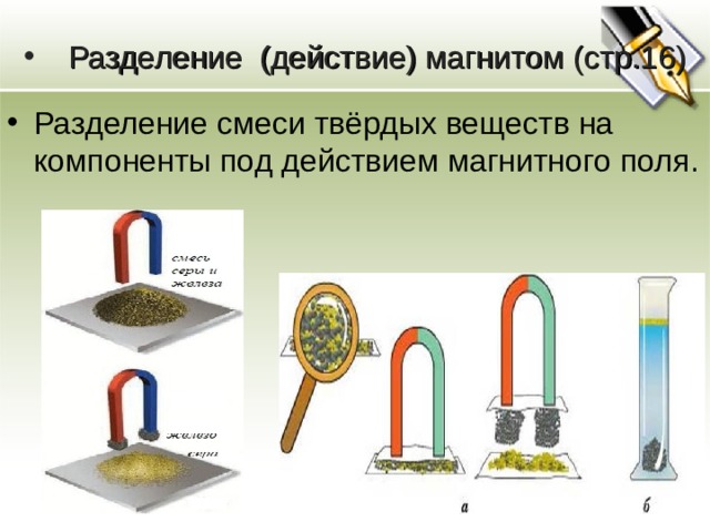Разделение (действие) магнитом (стр.16) Разделение смеси твёрдых веществ на компоненты под действием магнитного поля . 