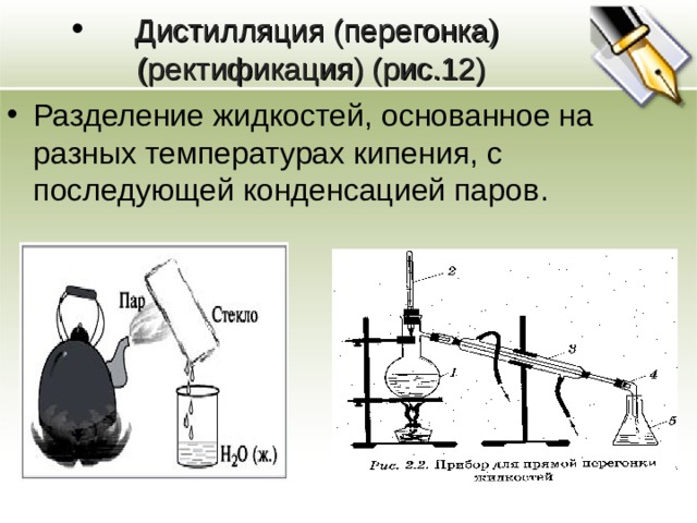  Дистилляция (перегонка)  (ректификация) (рис.12) Разделение жидкостей, основанное на разных температурах кипения, с последующей конденсацией паров . 