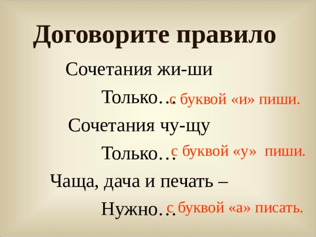 Договорите правило Сочетания жи-ши Только… Сочетания чу-щу Только… Чаща, дача и печать – Нужно… с буквой «и» пиши. с буквой «у» пиши. с буквой «а» писать. 