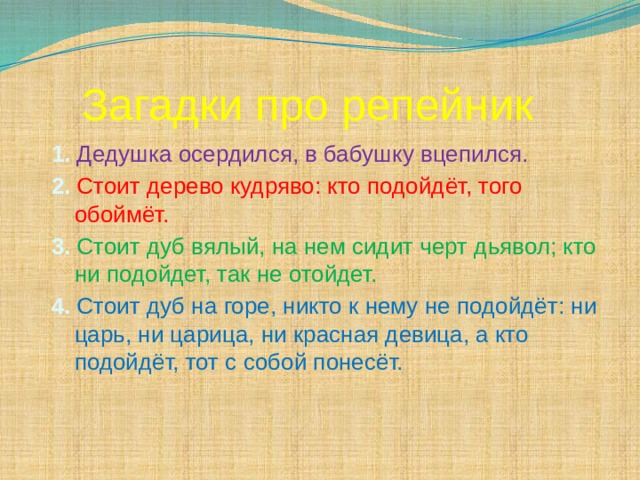 Загадки про репейник  1. Дедушка осердился, в бабушку вцепился.  2.  Стоит дерево кудряво: кто подойдёт, того обоймёт.  3. Стоит дуб вялый, на нем сидит черт дьявол; кто ни подойдет, так не отойдет.  4.  Стоит дуб на горе, никто к нему не подойдёт: ни царь, ни царица, ни красная девица, а кто подойдёт, тот с собой понесёт. 