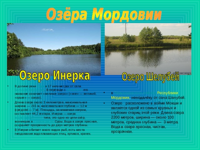 В долине реки  Сура  в 17 километрах от села  Большие Березники . В переводе с  эрзянского  его название означает «великое озеро» («ине» — великий, «эрьке» — озеро). Длина озера около 3 километров, максимальная ширина — 215 м, максимальная глубина — 12 м (средняя — 7 м). Площадь, занимаемая озером, составляет 44,2 гектара. Инерка — озеро  водно-эрозионного  типа, это одно из цепи озёр, возникших в  старом русле  Суры. Вода в озере пресная, сохраняет прозрачность до двух метров глубины. В Инерке обитает много видов рыб, есть места гнездования водоплавающих птиц, куликов, крачек.  в  Теньгушевском районе  Республики Мордовия , неподалёку от села Шелубей. Озеро  расположено в пойме Мокши и является одной из самых крупных и глубоких стариц этой реки. Длина озера 2200 метров, ширина — около 100 метров, средняя глубина — 3 метра. Вода в озере пресная, чистая, прозрачная. 