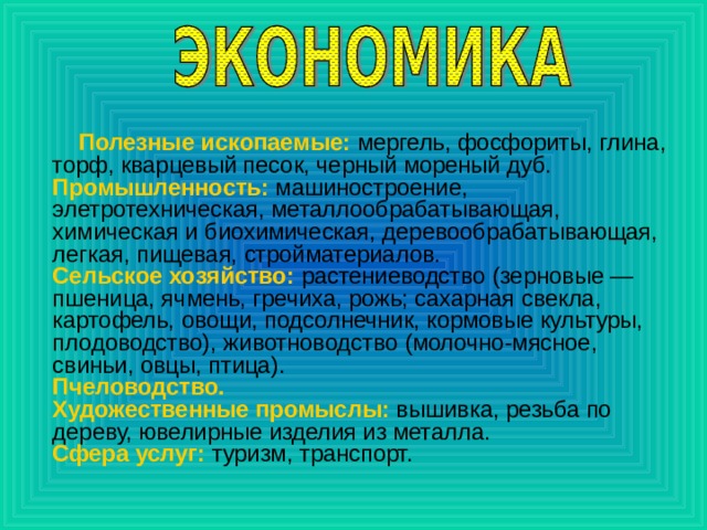  Полезные ископаемые:  мергель, фосфориты, глина, торф, кварцевый песок, черный мореный дуб.  Промышленность:  машиностроение, элетротехническая, металлообрабатывающая, химическая и биохимическая, деревообрабатывающая, легкая, пищевая, стройматериалов.  Сельское хозяйство:  растениеводство (зерновые — пшеница, ячмень, гречиха, рожь; сахарная свекла, картофель, овощи, подсолнечник, кормовые культуры, плодоводство), животноводство (молочно-мясное, свиньи, овцы, птица).  Пчеловодство.  Художественные промыслы:  вышивка, резьба по дереву, ювелирные изделия из металла.  Сфера услуг:   туризм, транспорт. 