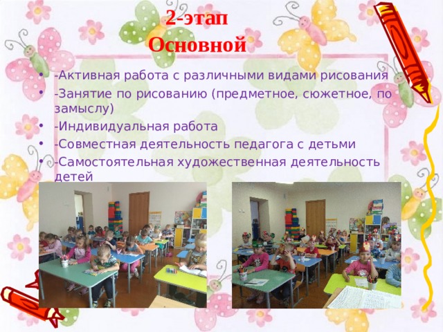 2-этап  Основной -Активная работа с различными видами рисования -Занятие по рисованию (предметное, сюжетное, по замыслу) -Индивидуальная работа -Совместная деятельность педагога с детьми -Самостоятельная художественная деятельность детей 