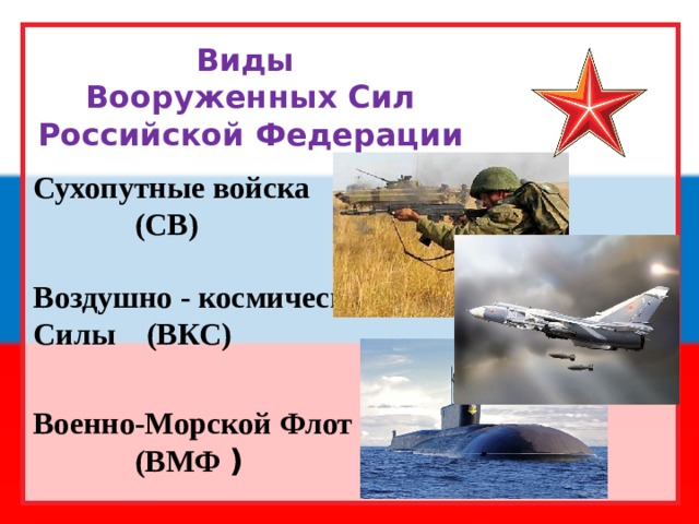Виды  Вооруженных Сил Российской Федерации Сухопутные войска  (СВ) Воздушно - космические Силы (ВКС) Военно-Морской Флот  (ВМФ ) 