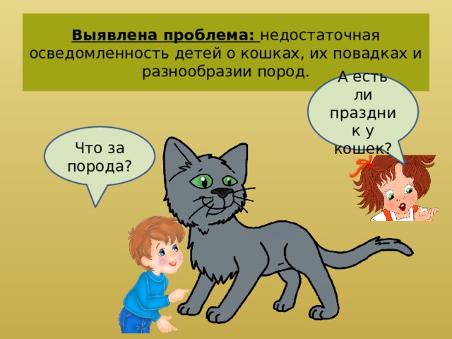 Выявлена проблема: недостаточная осведомленность детей о кошках, их повадках и разнообразии пород. А есть ли праздник у кошек? Что за порода? 