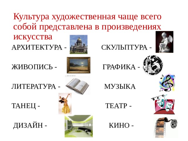  Культура художественная чаще всего собой представлена в произведениях искусства  АРХИТЕКТУРА -  СКУЛЬПТУРА -  ЖИВОПИСЬ -  ГРАФИКА -  ЛИТЕРАТУРА - МУЗЫКА  ТАНЕЦ - ТЕАТР -  ДИЗАЙН - КИНО - 