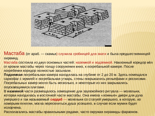 Мастаба  (от араб. — скамья ) служила гробницей для знати и была предшественницей пирамид. Мастаба состояла из двух основных частей: наземной и подземной. Наклонный коридор вёл от кровли мастабы через толщу сооружения вниз, к погребальной камере. После погребения коридор полностью засыпали. Подземная погребальная камера находилась на глубине от 2 до 20 м. Здесь помещался саркофаг с мумией и погребальная утварь, стены покрывались рельефами и росписями. Погребальных камер могло быть несколько, и некоторые из них закрывались опускающимися плитами. В наземной части размещалось помещение для заупокойного ритуала — молельня, которая находилась в восточной части мастабы. Она имела «ложные» двери для духа умершего и так называемый сердаб — молельня со статуей умершего, в которую, по поверьям египтян, могла переселиться душа усопшего, в случае если мумия будет испорчена. Располагались мастабы правильными рядами, часто окружая пирамиды фараонов. 