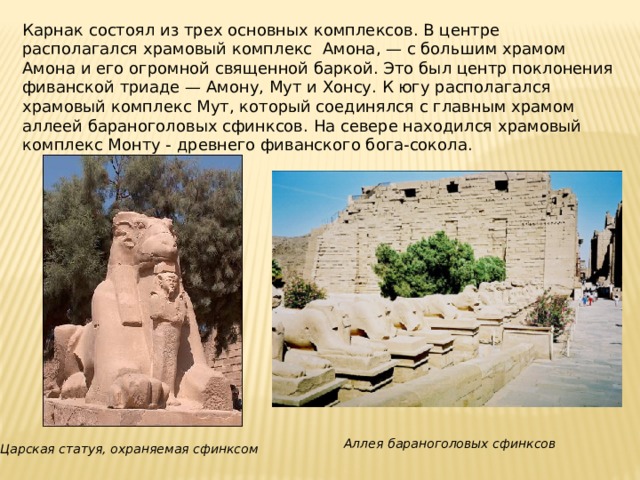 Карнак состоял из трех основных комплексов. В центре располагался храмовый комплекс Амона, — с большим храмом Амона и его огромной священной баркой. Это был центр поклонения фиванской триаде — Амону, Мут и Хонсу. К югу располагался храмовый комплекс Мут, который соединялся с главным храмом аллеей бараноголовых сфинксов. На севере находился храмовый комплекс Монту - древнего фиванского бога-сокола. Аллея бараноголовых сфинксов Царская статуя, охраняемая сфинксом 