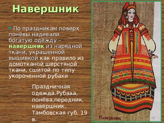 Навершник  По праздникам поверх понёвы надевали богатую одежду – навершник из нарядной ткани, украшенной вышивкой как правило из домотканой шерстяной ткани, сшитой по типу укороченной рубахи Праздничная одежда.Рубаха, понёва,передник, навершник. Тамбовская губ. 19 в.  