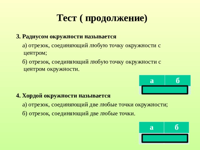 Тест ( продолжение) 3. Радиусом окружности называется  а) отрезок, соединяющий любую точку окружности с центром;  б) отрезок, соединяющий любую точку окружности с центром окружности. 4. Хордой окружности называется  а) отрезок, соединяющий две любые точки окружности;  б) отрезок, соединяющий две любые точки. а нет б да а да б нет  