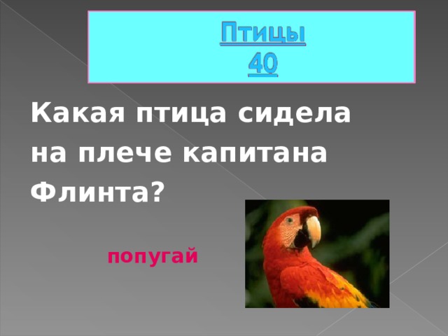 Какая птица сидела на плече капитана Флинта? попугай 