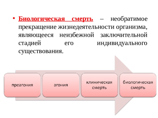 Биологическая смерть  – необратимое прекращение жизнедеятельности организма, являющееся неизбежной заключительной стадией его индивидуального существования. 