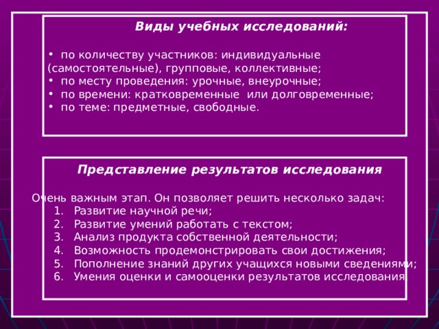  Виды учебных исследований:   по количеству участников: индивидуальные (самостоятельные), групповые, коллективные;  по месту проведения: урочные, внеурочные;  по времени: кратковременные или долговременные;  по теме: предметные, свободные.  Представление результатов исследования  Очень важным этап. Он позволяет решить несколько задач:  Развитие научной речи;  Развитие умений работать с текстом;  Анализ продукта собственной деятельности;  Возможность продемонстрировать свои достижения;  Пополнение знаний других учащихся новыми сведениями;  Умения оценки и самооценки результатов исследования.  Развитие научной речи;  Развитие умений работать с текстом;  Анализ продукта собственной деятельности;  Возможность продемонстрировать свои достижения;  Пополнение знаний других учащихся новыми сведениями;  Умения оценки и самооценки результатов исследования.  