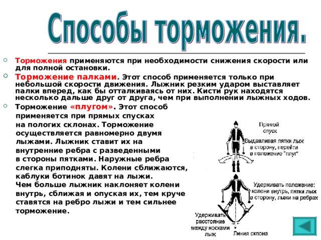 Торможения применяются при необходимости снижения скорости или для полной остановки. Торможение палками . Этот способ применяется только при небольшой скорости движения. Лыжник резким ударом выставляет палки вперед, как бы отталкиваясь от них. Кисти рук находятся несколько дальше друг от друга, чем при выполнении лыжных ходов. Торможение «плугом» . Этот способ  применяется при прямых спусках  на пологих склонах. Торможение  осуществляется равномерно двумя  лыжами. Лыжник ставит их на  внутренние ребра с разведенными  в стороны пятками. Наружные ребра  слегка приподняты. Колени сближаются,  каблуки ботинок давят на лыжи.  Чем больше лыжник наклоняет колени  внутрь, сближая и опуская их, тем круче  ставятся на ребро лыжи и тем сильнее  торможение. 