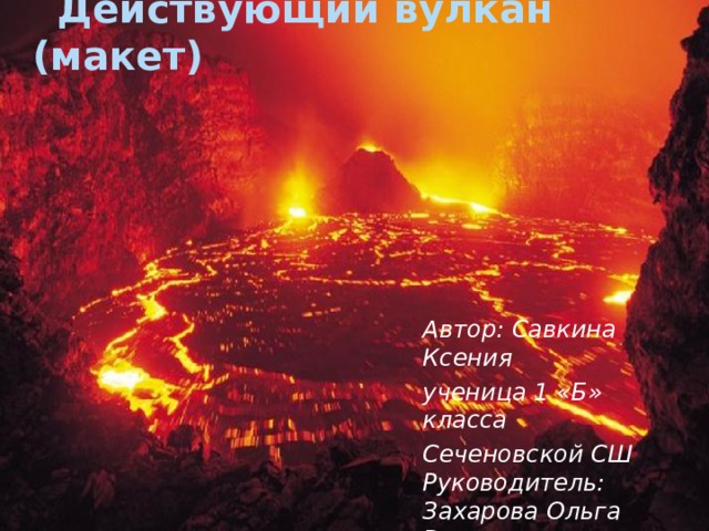  Действующий вулкан (макет) Автор: Савкина Ксения ученица 1 «Б» класса Сеченовской СШ Руководитель: Захарова Ольга Валентиновна 