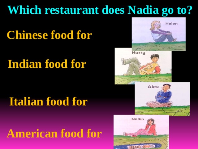 Which restaurant does Nadia go to? Chinese food for Indian food for Italian food for American food for 