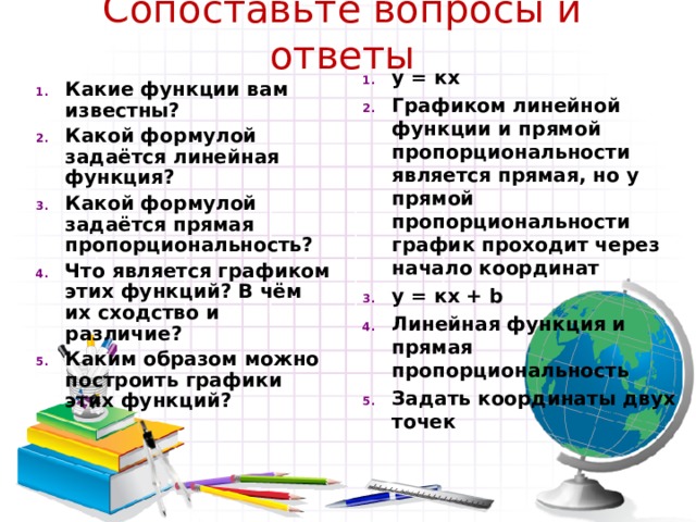 Сопоставьте вопросы и ответы у = кх Графиком линейной функции и прямой пропорциональности является прямая, но у прямой пропорциональности график проходит через начало координат у = кх + b Линейная функция и прямая пропорциональность Задать координаты двух точек Какие функции вам известны? Какой формулой задаётся линейная функция? Какой формулой задаётся прямая пропорциональность? Что является графиком этих функций? В чём их сходство и различие? Каким образом можно построить графики этих функций?    