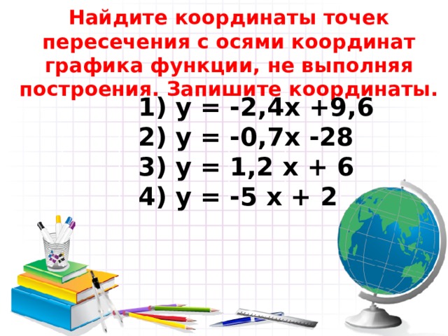 Найдите координаты точек пересечения с осями координат графика функции, не выполняя построения. Запишите координаты. 1) y = -2,4 x +9,6  2) y = - 0,7 x -28 3) у = 1,2 х + 6 4) у = -5 х + 2  