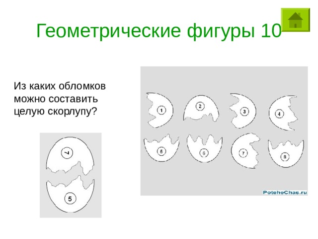 Геометрические фигуры 10 Из каких обломков можно составить целую скорлупу? 