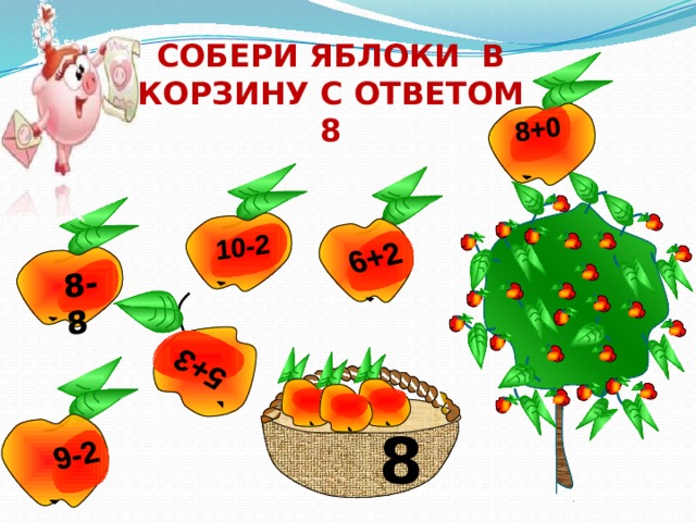 6+2 10-2 5+3 9-2 8-8 8+0 СОБЕРИ ЯБЛОКИ В КОРЗИНУ С ОТВЕТОМ 8  8 