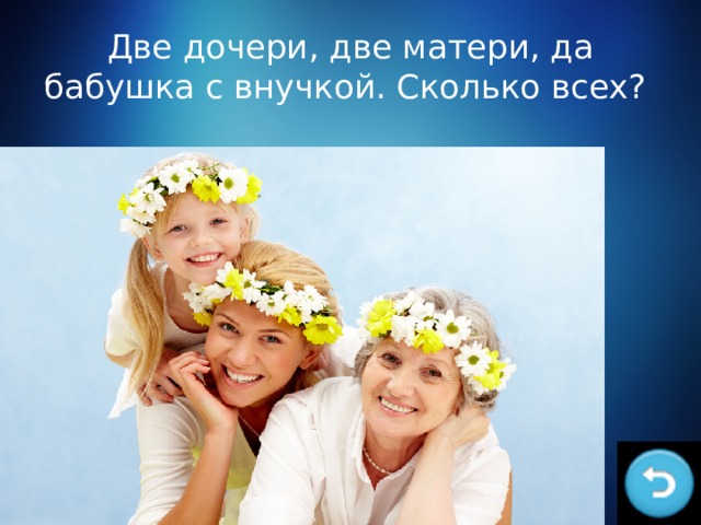 Две дочери, две матери, да бабушка с внучкой. Сколько всех? 