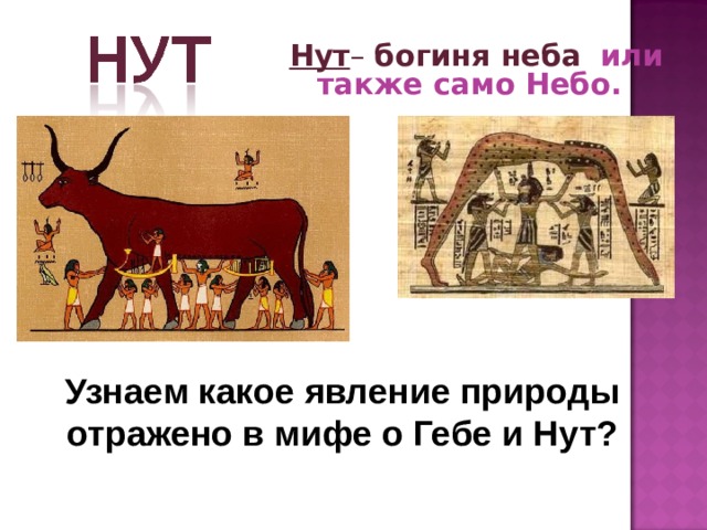  Нут – богиня неба  или также само Небо.    Узнаем какое явление природы отражено в мифе о Гебе и Нут? 