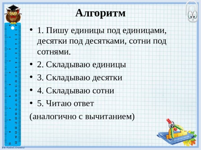 Алгоритм   1. Пишу единицы под единицами, десятки под десятками, сотни под сотнями. 2. Складываю единицы 3. Складываю десятки 4. Складываю сотни 5. Читаю ответ (аналогично с вычитанием) 