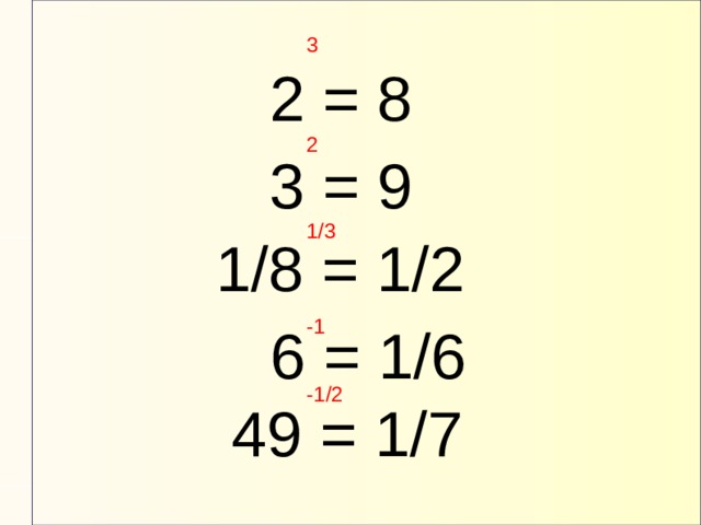 3 2 = 8 2 3 = 9 1/3 1/8 = 1/2 6 = 1/6 -1 -1/2 49 = 1/7 