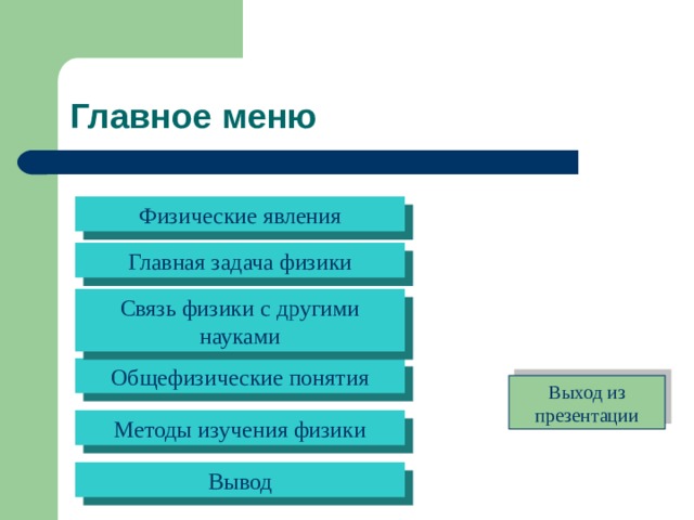 Главное меню Физические явления Главная задача физики Связь физики с другими науками Общефизические понятия Выход из презентации Методы изучения физики Вывод 
