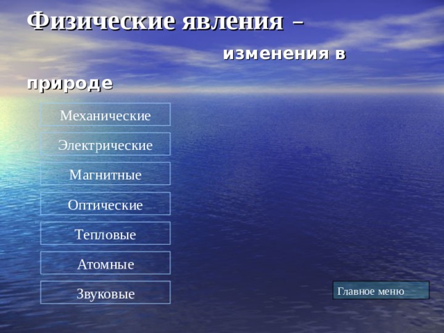 Физические явления –   изменения в природе  Механические Электрические Магнитные Оптические Тепловые Атомные Главное меню Звуковые 