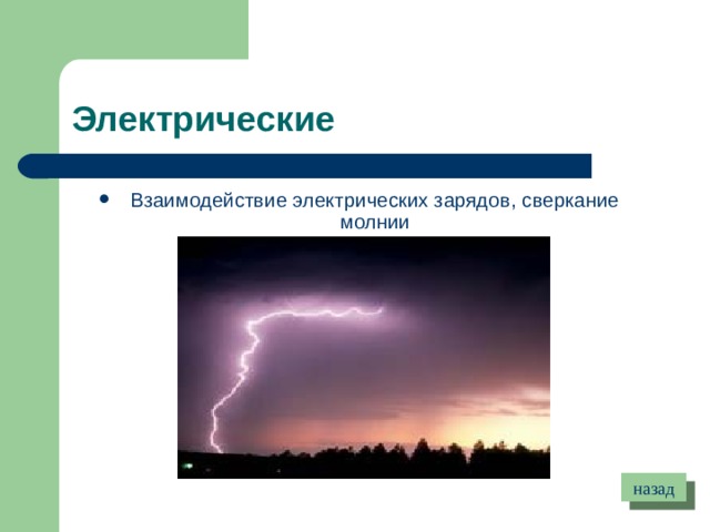 Электрические Взаимодействие электрических зарядов, сверкание молнии назад 