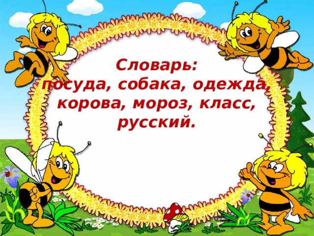    Словарь:  посуда, собака, одежда,  корова, мороз, класс, русский.          
