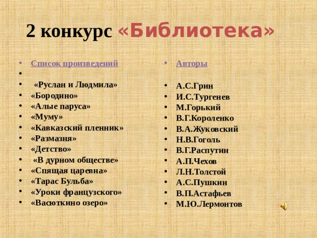  2 конкурс «Библиотека» Список произведений Авторы    «Руслан и Людмила» «Бородино» «Алые паруса» «Муму» «Кавказский пленник» «Размазня» «Детство»  «В дурном обществе» «Спящая царевна» «Тарас Бульба» «Уроки французского» «Васюткино озеро»   А.С.Грин И.С.Тургенев М.Горький В.Г.Короленко В.А.Жуковский Н.В.Гоголь В.Г.Распутин А.П.Чехов Л.Н.Толстой А.С.Пушкин В.П.Астафьев М.Ю.Лермонтов   