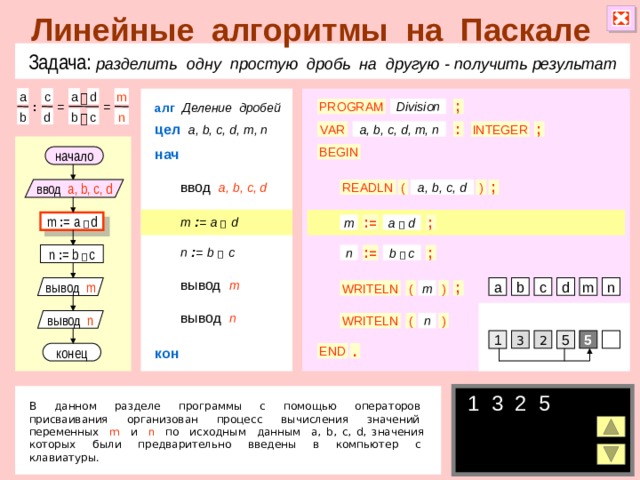 Линейные алгоритмы на Паскале Задача: разделить одну простую дробь на другую  - получить результат c d a a m  алг  Деление дробей ; = PROGRAM = Division : d b n b c  цел  a, b, c, d, m, n VAR : ; INTEGER a, b, c, d, m, n нач BEGIN начало ввод  a, b, c, d ; ) a, b, c, d READLN ( ввод a, b, c, d m  : =  a   d m : = a   d a  d m : = ; n  : =  b   c : = ; b  c n n : = b   c вывод  m n m c b вывод m d a m ) WRITELN ; ( вывод  n вывод n n ) ( WRITELN 3 2 5 n 1 5 кон END . конец  1 3 2 5 В данном разделе программы с помощью операторов присваивания организован процесс вычисления значений переменных m и n по исходным данным a, b, c, d, значения которых были предварительно введены в компьютер с клавиатуры. 5 