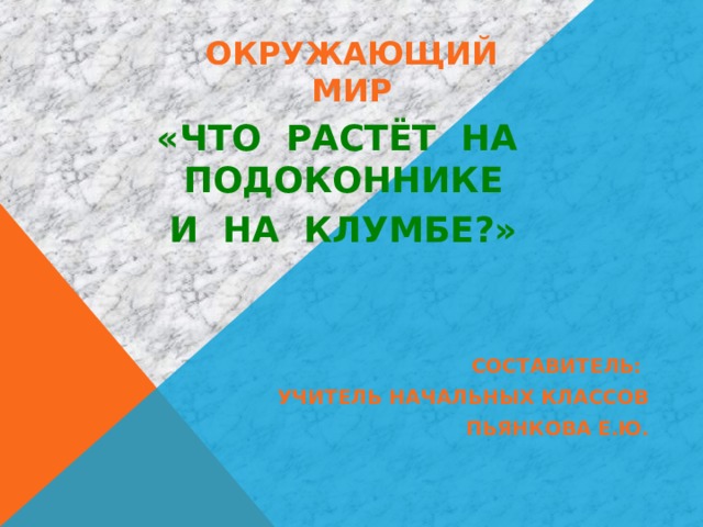 ОКРУЖАЮЩИЙ  МИР «ЧТО РАСТЁТ НА ПОДОКОННИКЕ И НА КЛУМБЕ?»  СОСТАВИТЕЛЬ: УЧИТЕЛЬ НАЧАЛЬНЫХ КЛАССОВ ПЬЯНКОВА Е.Ю. 
