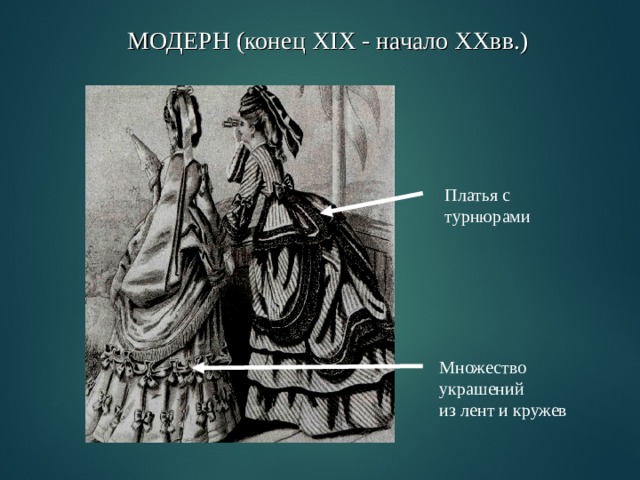 МОДЕРН (конец XIX - начало XXвв.) Платья с турнюрами Множество украшений из лент и кружев 