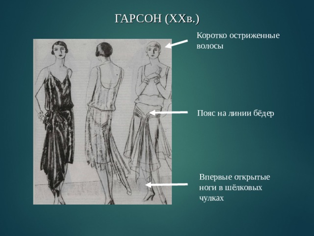 ГАРСОН ( XX в.) Коротко остриженные волосы Пояс на линии бёдер Впервые открытые ноги в шёлковых чулках 