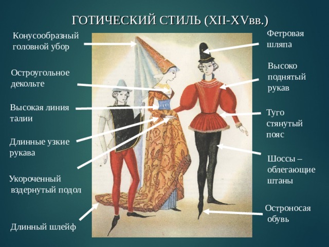 ГОТИЧЕСКИЙ СТИЛЬ ( XII-XV вв.) Фетровая шляпа Конусообразный головной убор Высоко поднятый рукав Остроугольное декольте Высокая линия талии Туго стянутый пояс Длинные узкие рукава Шоссы – облегающие штаны Укороченный  вздернутый подол Остроносая  обувь Длинный шлейф 