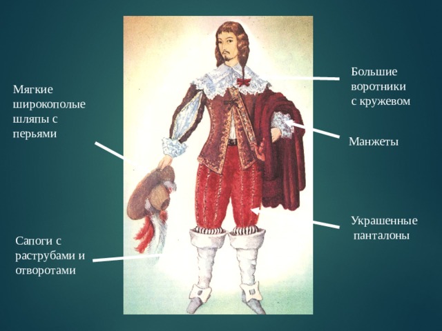 Большие воротники с кружевом Мягкие широкополые шляпы с перьями Манжеты Украшенные  панталоны Сапоги с раструбами и отворотами 