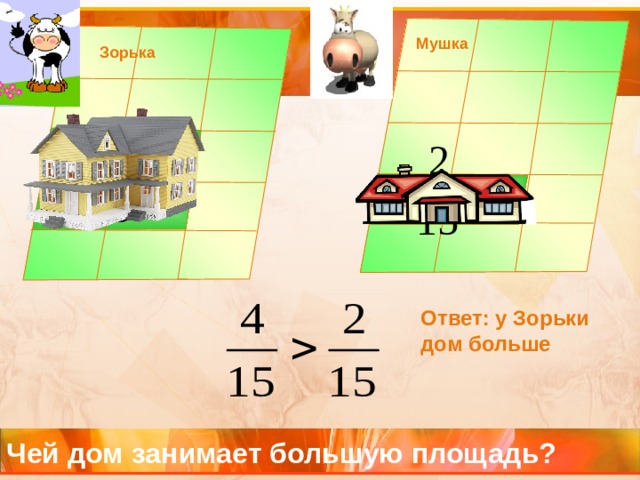 Мушка Зорька Ответ: у Зорьки дом больше Чей дом занимает большую площадь? 4 