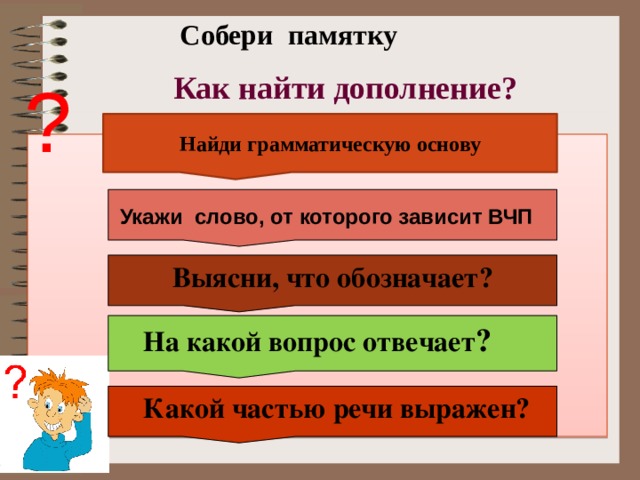  Собери памятку  Как найти дополнение? ? Найди грамматическую основу    Укажи слово, от которого зависит ВЧП Выясни, что обозначает?  На какой вопрос отвечает ?  Какой частью речи выражен? 