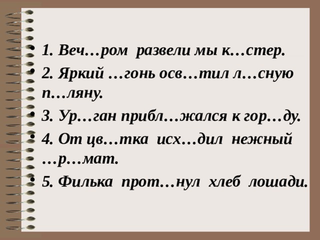  1. Веч…ром развели мы к…стер. 2. Яркий …гонь осв…тил л…сную п…ляну. 3. Ур…ган прибл…жался к гор…ду. 4. От цв…тка исх…дил нежный …р…мат. 5.  Филька прот…нул хлеб лошади. 