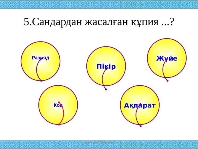 5.Сандардан жасалған құпия ...? Жүйе Разряд  Пікір Код Ақпарат www.ZHARAR.com 