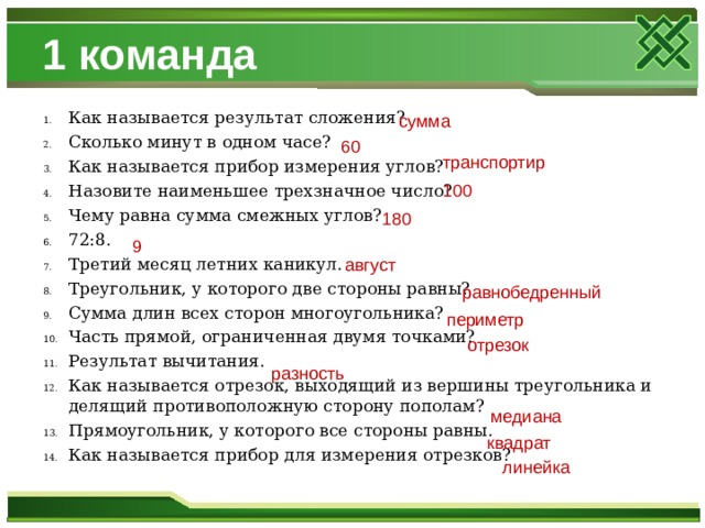 1 команда Как называется результат сложения? Сколько минут в одном часе? Как называется прибор измерения углов? Назовите наименьшее трехзначное число? Чему равна сумма смежных углов? 72:8. Третий месяц летних каникул. Треугольник, у которого две стороны равны? Сумма длин всех сторон многоугольника? Часть прямой, ограниченная двумя точками? Результат вычитания. Как называется отрезок, выходящий из вершины треугольника и делящий противоположную сторону пополам? Прямоугольник, у которого все стороны равны. Как называется прибор для измерения отрезков? сумма 60 транспортир 100 180 9 август равнобедренный периметр отрезок разность медиана квадрат линейка 