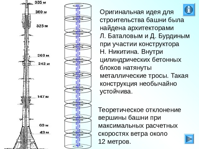 Оригинальная идея для строительства башни была найдена архитекторами Л. Баталовым и Д. Бурдиным при участии конструктора Н. Никитина. Внутри цилиндрических бетонных блоков натянуты металлические тросы. Такая конструкция необычайно устойчива. Теоретическое отклонение вершины башни при максимальных расчетных скоростях ветра около 12 метров. 
