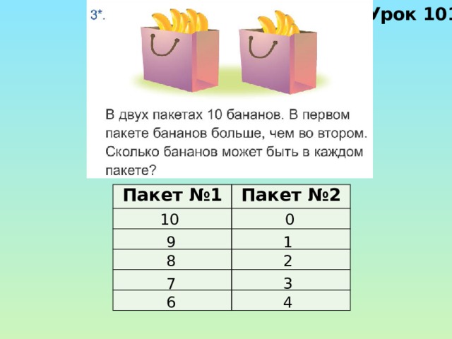 Урок 101 Пакет №1 Пакет №2 10 0 9 1 2 8 7 3 6 4 