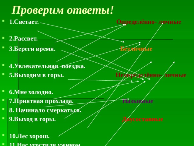 Проверим ответы! 1.Светает. Определённо- личные  2.Рассвет. 3.Береги время. Безличные    4.Увлекательная поездка. 5.Выходим в горы. Неопределённо- личные  6.Мне холодно. 7.Приятная прохлада. Назывные 8. Начинало смеркаться. 9.Выход в горы. Двусоставные  10.Лес хорош. 11.Нас угостили ужином. 12.Уж не увидимся больше. 13.Светлые дали. 14.В центре построили новый дом.    