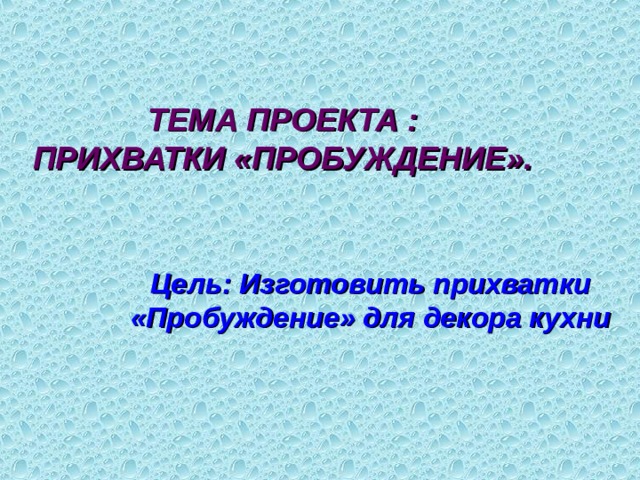 ТЕМА ПРОЕКТА :  ПРИХВАТКИ «ПРОБУЖДЕНИЕ». Цель: Изготовить прихватки «Пробуждение» для декора кухни 