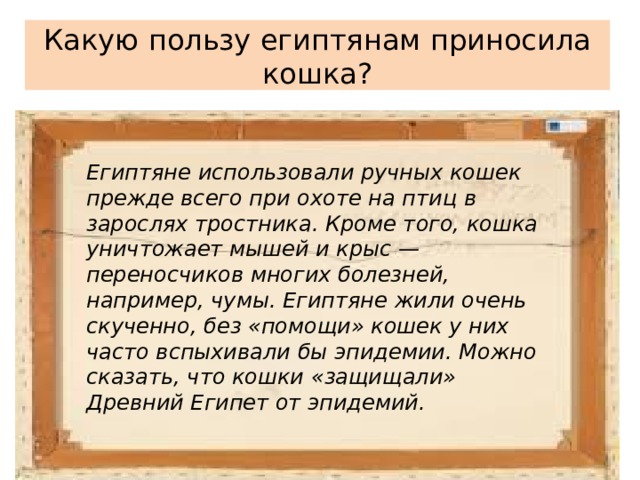 Какую пользу египтянам приносила кошка? Египтяне использовали ручных кошек прежде всего при охоте на птиц в зарослях тростника. Кроме того, кошка уничтожает мышей и крыс — переносчиков многих болезней, например, чумы. Египтяне жили очень скученно, без «помощи» кошек у них часто вспыхивали бы эпидемии. Можно сказать, что кошки «защищали» Древний Египет от эпидемий. 